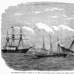 ALABAMA VS KEARSARGE, 1864. The sinking of the C. S.s Alabama by the U. S. S. Kearsarge and the rescue of the crew of the Alabama by U. S.s Deerhound off Cherbourg, France, 19 June 1864. Wood engraving, American, 1864