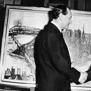 ANDRE MALRAUX (1901-1976). French novelist and statesman. Malraux (left) congratulating French painter Marcel Gromaire for recieving the National Arts Grand Prize. Photographed in front of Gromaires painting, Paris la Cite, at a reception at the Paris Ministry of Cultural Affairs, 19 March 1959