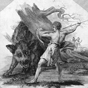 ATALANTA AND MELEAGER. Meleager hunting the Calydonian boar. Aquatint, c1800