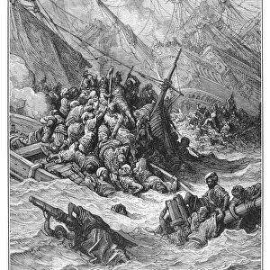 BATTLE OF LEPANTO, 1571. Naval battle between the Christians and Ottomans fought in the strait between the gulfs of P├ítrai and Corinth, off Lepanto, Greece, 7 October 1571. Wood engraving, 19th century