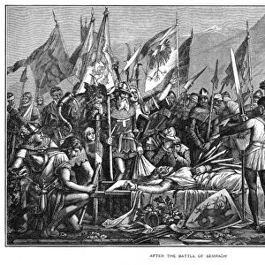 BATTLE OF SEMPACH. The Austrians mourning the loss of their leader, Duke Leopold III, after the Battle of Sempach won by the Swiss Confederation on 9 July 1386