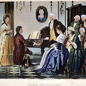 BEETHOVEN & MOZART, 1787. Ludwig van Beethoven at the piano while his teacher, Wolfgang Amadeus Mozart, looks on, at a Viennese salon in 1787. Engraving, 19th century, after a painting by August Borckmann (1827-1890)