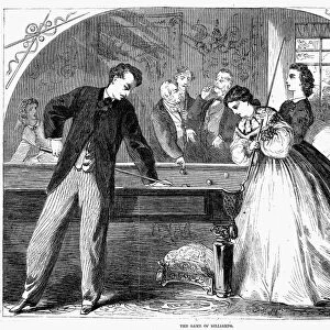 BILLIARDS, 1865. A game of billiards. Wood engraving, American, 1865