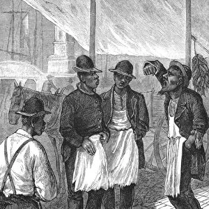 BLACK LIFE, 1877. Discussing the Political Situation. Wood engraving from an American newspaper of spring 1877