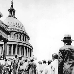BONUS ARMY MARCHERS, 1932. The Bonus Brigade of World War I veterans at the U. S. Capitol in Washington, D. C. 6 June 1932, demanding that Congress authorize payment of war bonuses