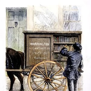 BOOKMOBILE, 1860. A perambulating library sponsored by the Warrington Mechanics Institution, Lancashire, England. Wood engraving, English, 1860