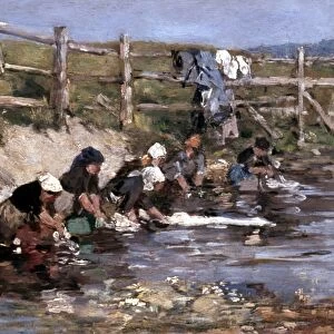 BOUDIN: LAUNDRESSES. Laundresses by a Stream. Oil on wood by Eugene Boudin