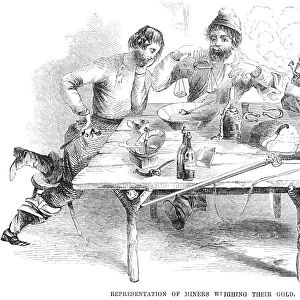 CALIFORNIA GOLD RUSH, 1853. Forty-niners in California weighing their gold. Wood engraving, American, 1853