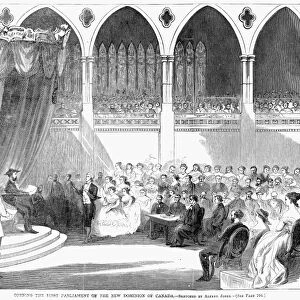 CANADA: PARLIAMENT, 1867. Opening the first Parliament of the new dominion of Canada, 1 July 1867. Wood engraving from a contemporary American newspaper