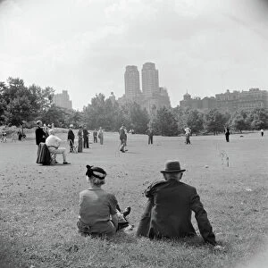 CENTRAL PARK, 1942. Sitting on the lawn in Central Park in New York City