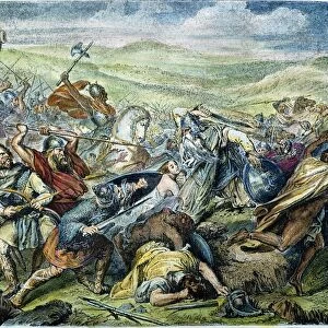 CHARLES MARTEL (c688-741). Frankish ruler, Duke of Austrasia, 715-741. Charles Martel defeating the caliphs army under Abd-er-Rahman at Tours, France, 732. Color engraving, 19th century