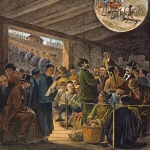 CHINESE IMMIGRANTS 1877. Chinese immigrants at the San Francisco custom house. Colored engraving, 1877
