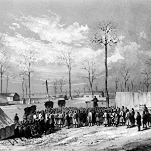 CIVIL WAR: CHAPLAINS, 1861. The Reverend L. F. Drake, Chaplain, 31st Ohio Volunteers, preaching at Camp Dick Robinson, Kentucky, 10 November 1861