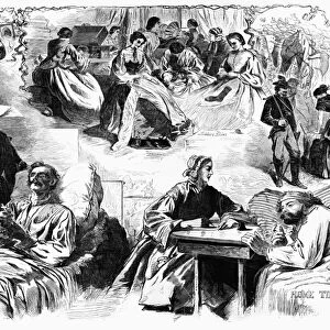 CIVIL WAR: WOMEN, 1862. The Influence of Woman. Composite of scenes of women sewing and doing laundry for soldiers, a nun visiting a wounded soldier and a woman writing a letter, during the American Civil War. Wood engraving, 1862