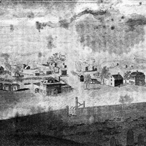 CONCORD, 1776. View from the cemetery of Concord, Massachusetts, as the village looked in 1776. Line engraving, American, 1794
