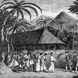 COOK: TAHITI, 1769. Captain James Cook arriving in Tahiti, 1769. Wood engraving, English, 1773