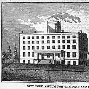 DEAF AND DUMB ASYLUM, 1829. The New York Asylum for the Deaf and Dumb, incorporated in 1817 and built in 1829 in New York City. Wood engraving, 1854