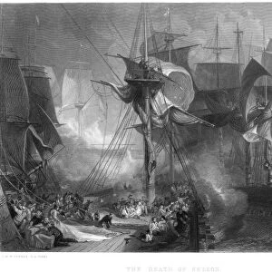 DEATH OF NELSON, 1805. The death of Horatio Nelson at the Battle of Trafalgar in 1805. Steel engraving after the painting by J. M. W. Turner