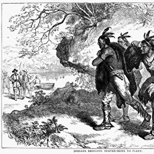 DUTCH FUR TRADE. Native Americans bringing pelts to Dutch traders in the 17th century. Wood engraving, American, 19th century