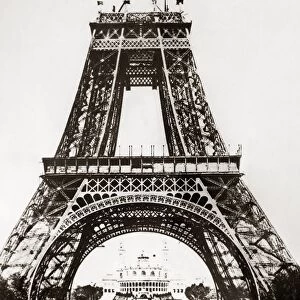 EIFFEL TOWER: CONSTRUCTION. Building the Eiffel Tower on the Champ de Mars in Paris, France, for the Universal Exposition of 1889. The Palais de Trocadero can be seen in the background. Photograph, late 1888