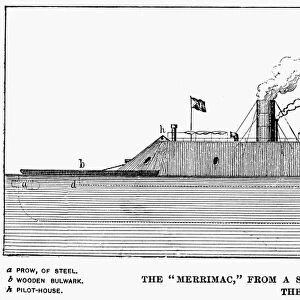 Side elevation of the Confederate ironclad CSS Virginia, formerly the forty-gun screw frigate USS Merrimack. Line engraving after a drawing of 1862