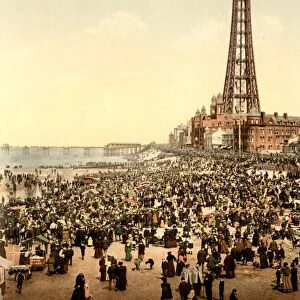 ENGLAND: BLACKPOOL, c1900. A view of the beach and amusement park at Blackpool, on the Irish Sea in Lancashire, England. Photochrome, c1900