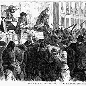 ENGLAND: ELECTION RIOTS. Election riots at Blackburn, England. Wood engraving, American, December 1868