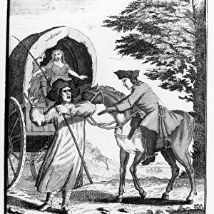 ENGLAND: HIGHWAY ROBBERY. John Cottington (c1611-1655), also known as Mul-Sack, robbbing a wagon in which he found 4, 000 pounds sterling. Line engraving from A general and true history of... highwaymen by Charles Johnson, London, 1742