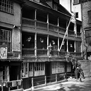 Exterior view of the George Inn, an old pub in Southwark, London, England. Photographed c1950