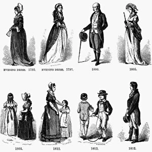 FASHION, 1795-1812. Mens, womens and childrens fashions for 1795-1812. Line engraving, American, 19th century