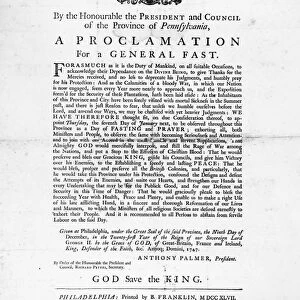 FRANKLIN: BROADSIDE, 1747. Broadside written and printed by Benjamin Franklin, 1747