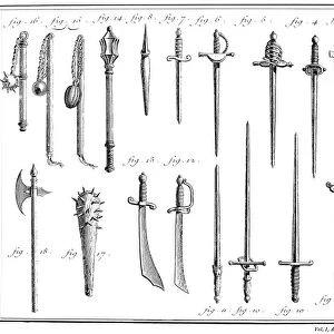 FRENCH CHIVALRIC WEAPONS. Including epees (figures 4, 5, 6) and foils (figures 9, 10). Line engraving, French, 18th century