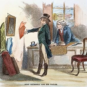 GEORGE BRUMMELL (1778-1840). George Bryan Beau Brummell at his tailors shop: engraving, 19th century