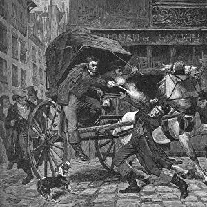 GEORGES CADOUDAL (1771-1804). French royalist conspirator. The arrest of Georges Cadoudal in the Latin Quarter of Paris, 9 March 1804, during which Cadoudal fatally shot one of the arresting officers: wood engraving, late 19th century, after a painting by Horace de Callias