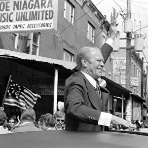 GERALD FORD (1913-2006). 38th President of the United States. Waving to crowds from the sunroof of a car during a campaign stop in Philadelphia, Pennsylvania, September 1976. Photographed by Marion S. Trikosko