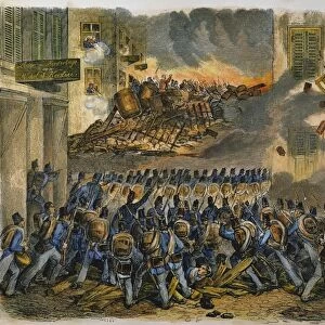 GERMANY: 1848 REVOLUTION. Troops storming a barricade in the Donesgasse in Frankfurt, Germany, on Sept. 18, 1848: contemporary German colored engraving