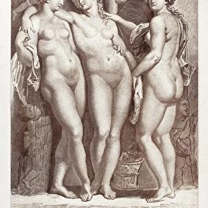 THREE GRACES. Line engraving after a painting by Peter Paul Rubens (1577-1640)