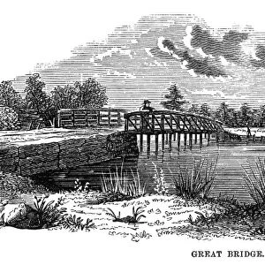 The Great Bridge over the Elizabeth River in Virginia, site of the battle on December 9, 1775, between royalist forces sent by the colonial governor, Lord Dunmore, and the Virginia militia: wood engraving, 19th century