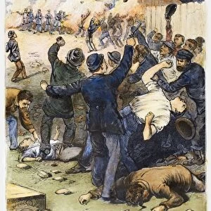 GREAT RAILROAD STRIKE, 1877. A mob of strikers under attack by police at Chicago, Illinois, during the Great Railroad Strike, 26 July 1877. Contemporary American wood engraving
