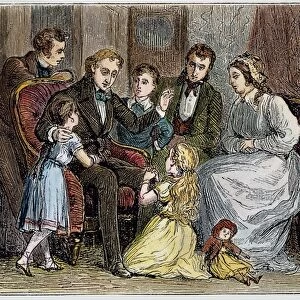 HANS CHRISTIAN ANDERSEN (1805-1875). Danish writer. Andersen telling a story to children. Wood engraving, American, 1875, after Charles Stanley Reinhart