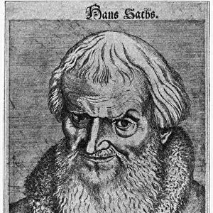 HANS SACHS (1494-1576). German poet and meistersinger. Engraving by Jost Amman, 1575