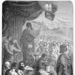 HERODOTUS (c484-c425 B. C. ). Greek historian. Herodotus reading his history before an assembly of Greeks. Wood engraving, late 19th century