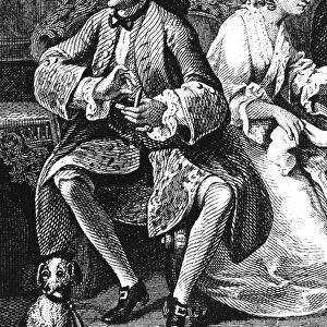 HOGARTH: MARRIAGE, 1743. Detail of a line engraving after the painting, Marriage a la Mode: The Contract, 1743, by William Hogarth