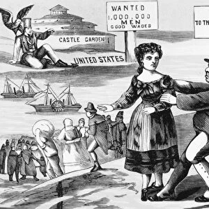 IMMIGRATION CARTOON, c1855. The Lure of American Wages. Cartoon, c1855, suggesting the comparatively high wage rates paid in the United States stimulated immigration from Europe. Wood engraving, c1855