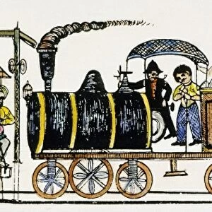 INDIAN RAILWAY, c1870. One of the blessings of colonialism: a Sikh railway which includes a purdah carriage for women and children: popular Lahore or Amritsar woodcut, c1870