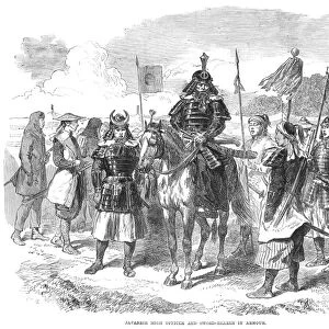 JAPAN: OFFICER, 1867. A high officer in the Japanese army with sword-bearers in armor. Wood engraving, English, 1867