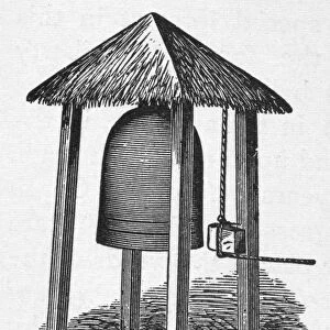 JAPANESE BELL. Traditional Japanese temple bell. Line engraving, 19th century