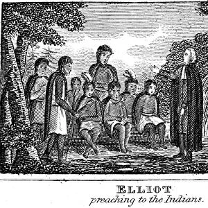 JOHN ELIOT (1604-1690). American missionary. The Apostle of the Indians. Preaching to the Indians. Line engraving, American, 1832