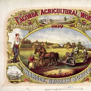 LAGONDA ADVERTISEMENT. Poster for Lagonda Agriculture Works in Ohio, featuring farmers
