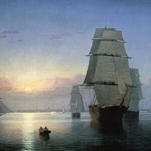 LANE: BOSTON HARBOR. Boston Harbor, Sunset. Oil on canvas by Fitz Hugh Lane, 1850-55